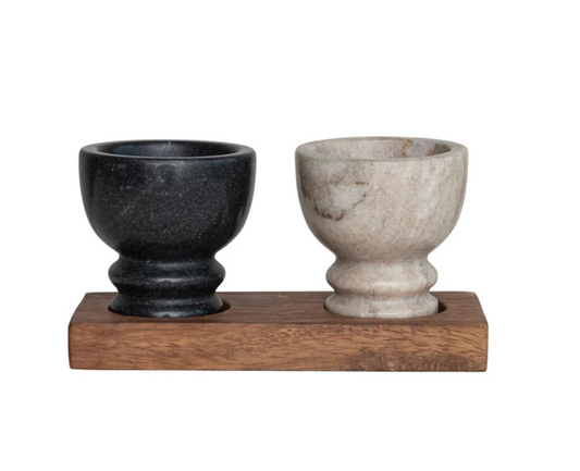 Salt and Pepper Bowls with Mango Wood Tray